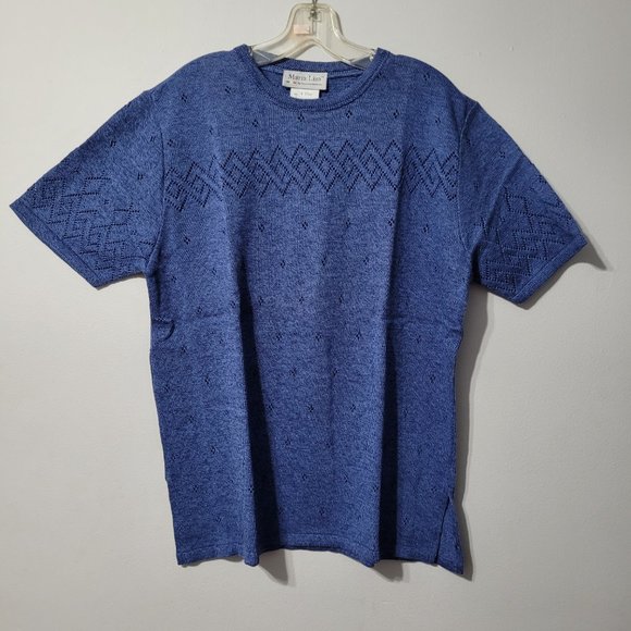 Vintage crochet knit short sleeve pullover sweater, royal blue, L and XL - Picture 2 of 6